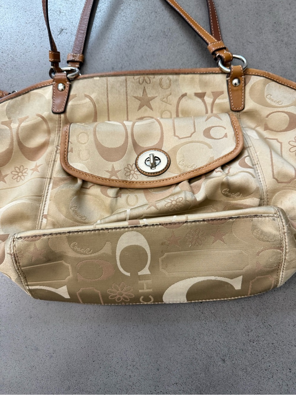 Coach Beige Signature Canvas Shoulder Bag with Tan Trim